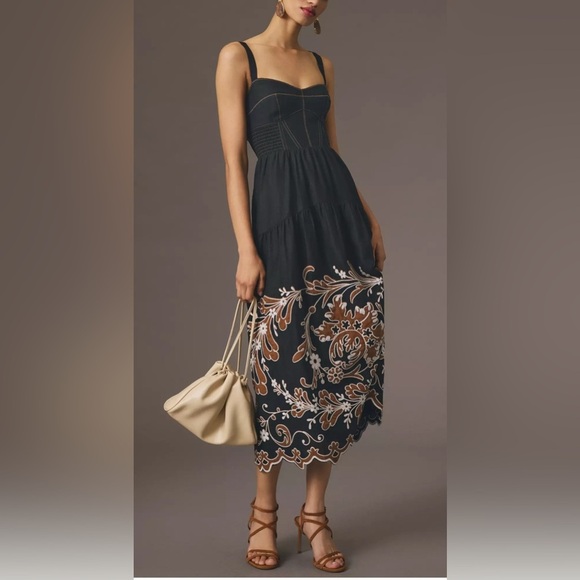 By Anthropologie Appliqué linen blend Midi Dress Medium - Picture 1 of 15